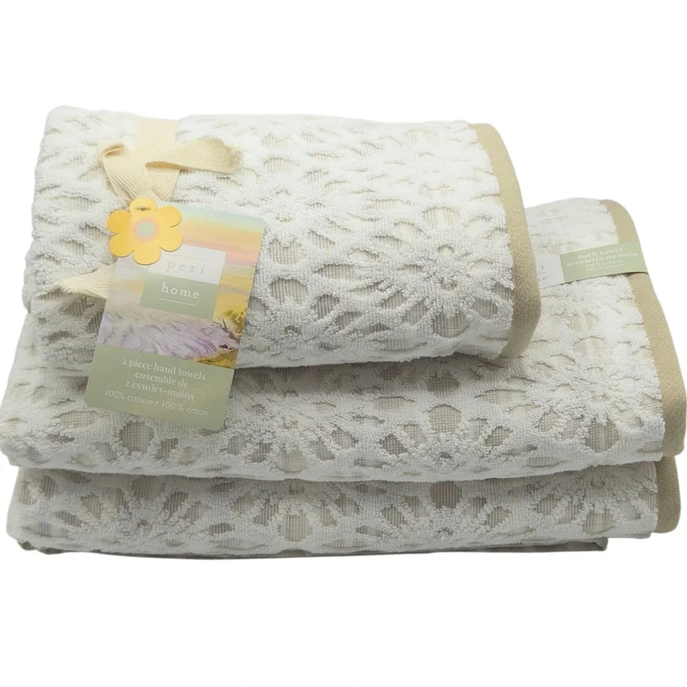 Peri Home 4pc Floral Embossed Cotton Towels Set 2‎ Bath 2 Hand Ivory Beige